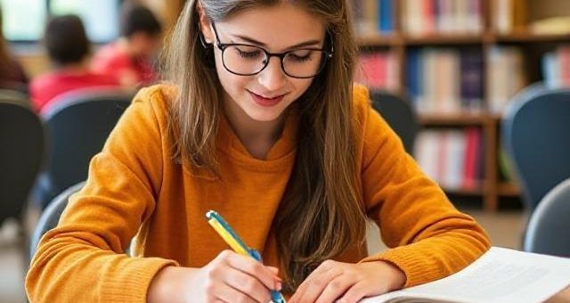A student studying at library with books and on a table, showing focus and discipline.