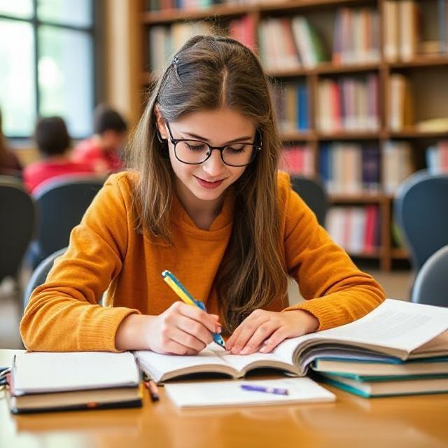 A student studying at library with books and on a table, showing focus and discipline.